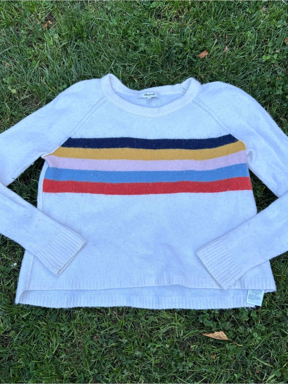 Madewell Cream Crewneck Sweater with Navy, Mustard, Pink, Blue & Red Stripes